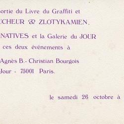 Carton d'invitation pour l'exposition Faucheur / Zlotykamien et la sortie du Livre du Graffiti à la Galerie du Jour