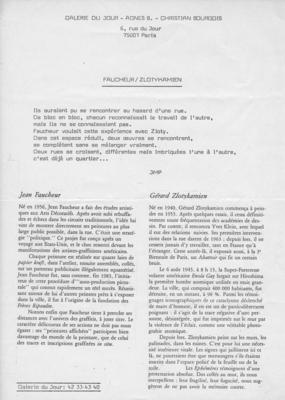 Document de présentation de l'exposition Faucheur / Zlotykamien à la Galerie du Jour